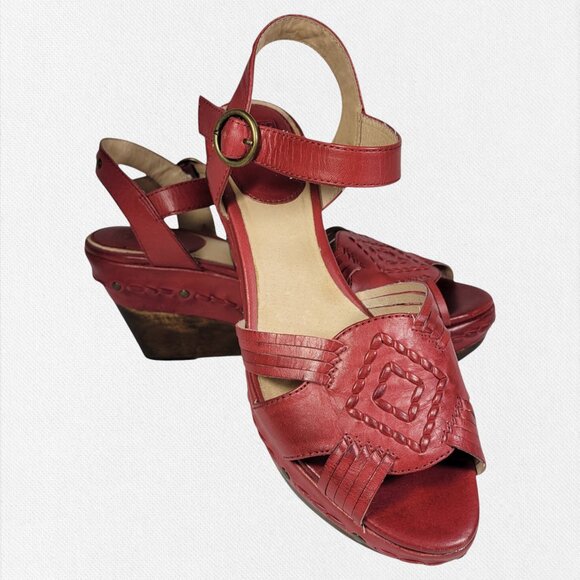Frye Carlie Platform Sandals Huarache Red Leather Wedge Boho Ankle Strap|Size 9M - Picture 1 of 8